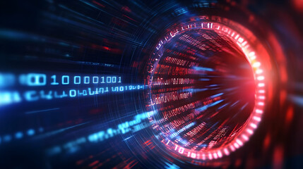 Poster - A futuristic view of digital data swirling in a vortex, showcasing binary code in vibrant red and blue colors.