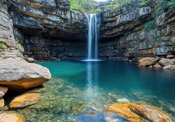 Poster - Majestic waterfall cascading into a serene pool surrounded by rocky cliffs and lush greenery in a tranquil natural setting ideal for relaxation