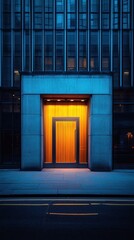 Poster - Architectural facade with illuminated doorway in urban setting creating a sense of mystery and invitation with modern building
