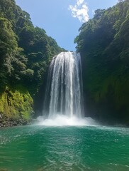 Poster - Majestic Waterfall Cascading Into Crystal Clear Pool Surrounded by Lush Greenery and Blue Skies in a Tropical Paradise
