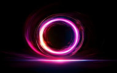Poster - A stunning abstract design featuring vibrant neon light trails shaped into a circle on a dark background.