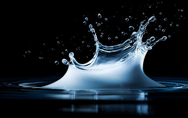 Poster - A stunning capture of a water splash against a dark background, showcasing the beauty and movement of liquid dynamics.