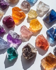 Poster - Captivating array of colorful mineral specimens against a clean white backdrop highlighting their unique textures and crystalline structures in bright light