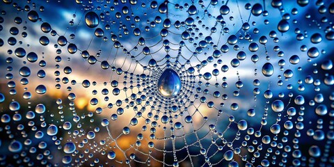 A spiderweb adorned with iridescent dew drops, capturing the breathtaking beauty of a sunrise