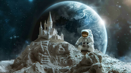 Aufkleber - This Explore an imaginative moon landscape featuring an astronaut and a castle, showcasing space tourism.