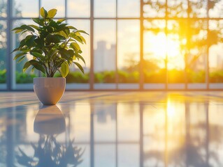 Poster - Serene indoor plant basking in golden sunlight near window reflecting city skyline at sunrise