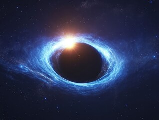 Planet engulfed by swirling blue nebula, cosmic sun.