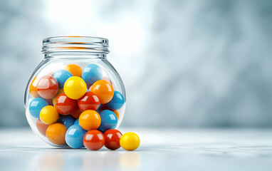 Poster - A vibrant glass jar filled with colorful marbles creates a playful and eye-catching centerpiece in any space.
