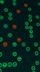 Poster - Green and orange glowing emoji icons matrix on a grid. Bokeh effect, vertical composition. Funny background for graphic design.