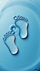 Poster - Water footprints with condensation drops on a vibrant blue background symbolize wellness and purity, evoking themes of health, nature, and relaxation
