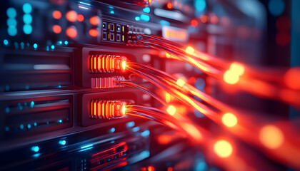 Poster - Close-up of illuminated network cables plugged into a server, showcasing technology and connectivity in a modern digital environment.