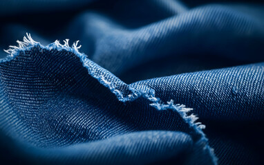 Poster - Close-up of textured blue fabric showcasing intricate details and soft waves, ideal for design and textile projects.