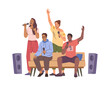 © Sensvector - Men and women friends singing in karaoke. Vector isolated people with microphones smiling and having fun together. Outing or night out with couples. Funny weekend activities and leisure