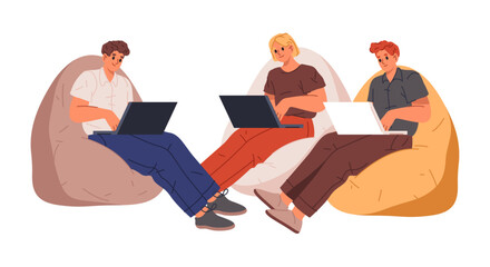 Aufkleber - Employees with laptops sitting in comfortable chairs in office. Vector isolated people working on project. Teamwork or brainstorming, business development. Team dealing with tasks together