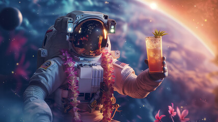 Aufkleber - This astronaut sips a tropical drink among the stars, highlighting the joy of space travel.