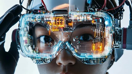 Poster - Future Gaze: A close-up view reveals a person immersed in a high-tech virtual reality experience. The person is gazing through the VR headset
