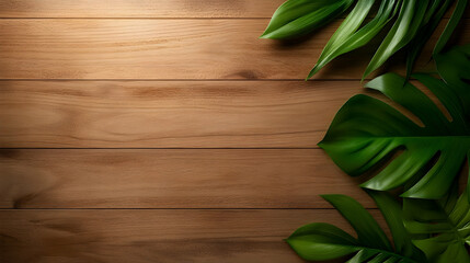 Poster - Lush green leaves on a wooden background, creating an organic and natural atmosphere perfect for design and decor.