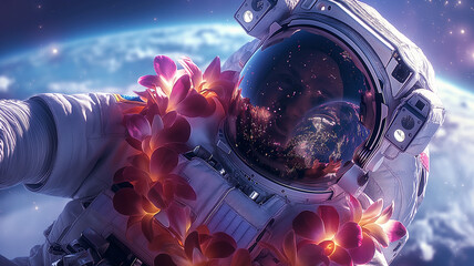 Aufkleber - This astronaut adorned with flowers floats in zero gravity, gazing at Earth from space.