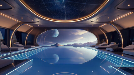 Poster - This Passengers relax in a lavish space hotel with stunning views of distant planets and stars.