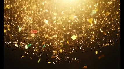 Poster - Colorful confetti falling against dark background with bright light creating a festive and celebratory atmosphere, perfect for any party or special occasion