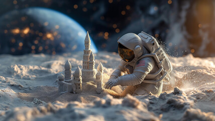 Aufkleber - This astronaut crafts a sandcastle on the moon, showcasing the blend of imagination and space tourism.