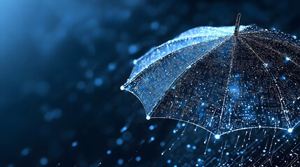 Poster - A close-up of a glowing umbrella surrounded by shimmering raindrops, creating a serene and enchanting atmosphere in the dark