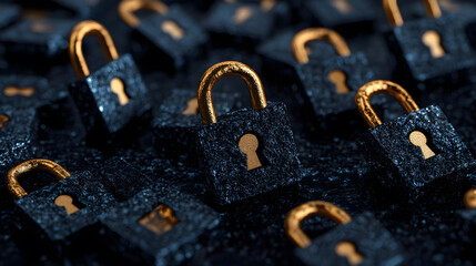 Poster - A close-up of multiple black padlocks with golden shanks, emphasizing security and protection in a visually striking arrangement