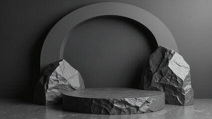 Aufkleber - Black geometric Stone and Rock shape background, minimalist mockup for podium display or showcase, 3d rendering
