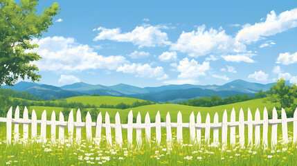 Poster - A serene landscape featuring a white picket fence, lush green grass, scattered flowers, and rolling hills under a bright blue sky with fluffy clouds