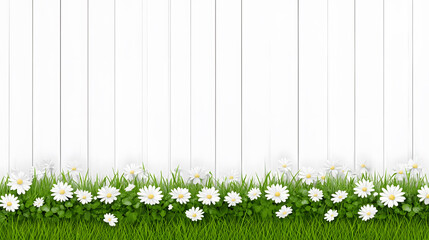 Poster - A serene landscape featuring a grassy foreground adorned with white daisies, set against a plain white wooden backdrop