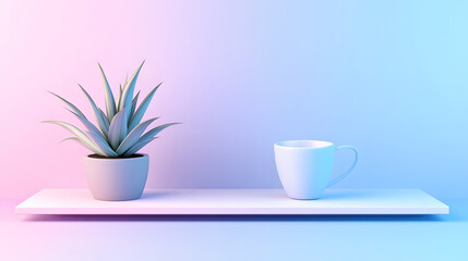 Poster - A minimalist scene featuring a potted plant and a white cup on a sleek shelf, illuminated in soft pastel colors