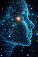 Poster - Digital profile of a woman with glowing blue network connections and bokeh lights on dark background, artificial intelligence concept, futuristic design