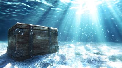 Poster - A sunken treasure chest rests on the ocean floor, illuminated by soft rays of light filtering through the water
