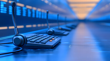Poster - A modern call center setup featuring headsets and keyboards, illuminated by blue lighting, creating a sleek, tech-savvy atmosphere