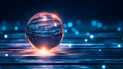 Poster - A glowing sphere reflects light on a serene surface, creating a mystical atmosphere with sparkling elements in a deep blue setting