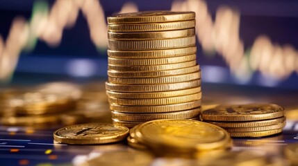 Poster - Stack of gold coins on financial chart background for investment concept