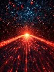 Poster - Radiant cosmic convergence of blue and red light trails illuminating a dark expanse ethereal perspective