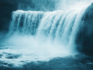 Poster - Majestic Waterfall Cascading Powerfully into Tranquil Waters Surrounded by Mist and Natural Beauty in a Serene Landscape Setting