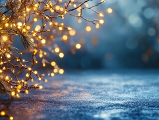 Poster - Enchanting winter scene with sparkling lights on pine branches creating a festive and magical atmosphere on a snowy surface