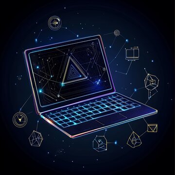 Abstract Glowing Laptop Network Connection Geometric Shapes Futuristic Technology Dark Blue Background