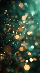 Poster - Abstract teal and gold bokeh light background with sparkling particles festive and elegant design for Christmas or New Year celebration