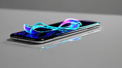 Poster - Hologram emitting vibrant colors from smartphone screen, casting reflections on a gray surface while providing ample copy space for creative designs and modern concepts