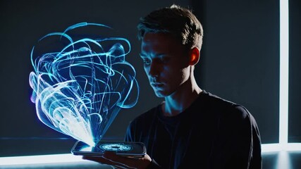 Poster - Software engineer holding smartphone generating hologram of data analysis, visualizing big data and exploring new technologies in a dark room with blue neon lights