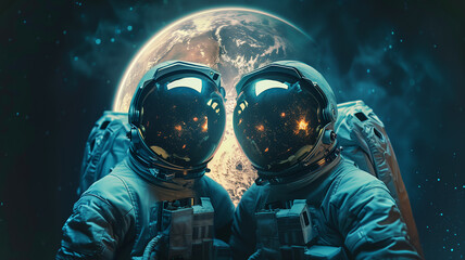Aufkleber - This Two astronauts pose against Earth's bright colors, stars reflecting in their helmets.