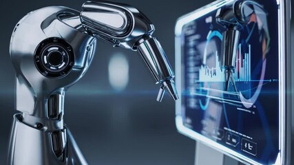 Poster - Advanced robotic arm examining complex data visualized on a futuristic transparent screen, showcasing the potential of artificial intelligence in scientific research and data analysis