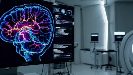 Poster - Futuristic medical scanner analyzing patient brain activity, showcasing a detailed 3d model on a computer screen within a sleek, modern hospital room designed for advanced healthcare