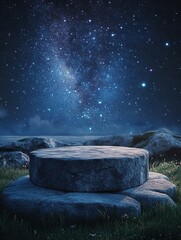 Wall Mural - majestic stone platform under a starry night sky serene landscape with celestial backdrop and rock f