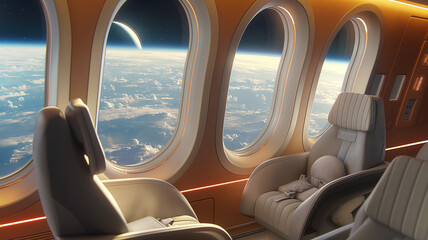 Aufkleber - This Passengers relax in spaceplane seats, gazing at breathtaking views of Earth and celestial bodies.