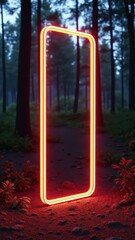 Aufkleber - rectangular neon shimmering luminous form on the background of a dirt forest surface, rectangular neon for product display presentation