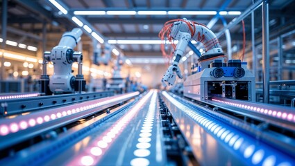 Poster - robotic arms automate production in a modern manufacturing facility during daytime
